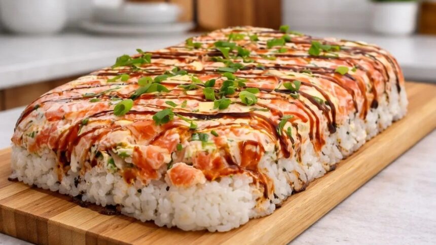Sushi de preguiçoso retangular com camadas de arroz, salmão, cream cheese, molho tarê e cebolinha