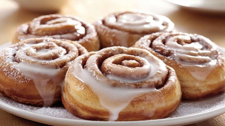 Cinco cinnamon rolls com cobertura branca e açúcar polvilhado em um prato branco