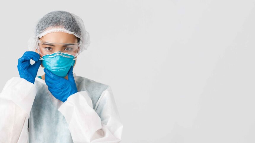 Profissional de saúde em EPI: touca, óculos, máscara azul e luvas, ajustando a máscara