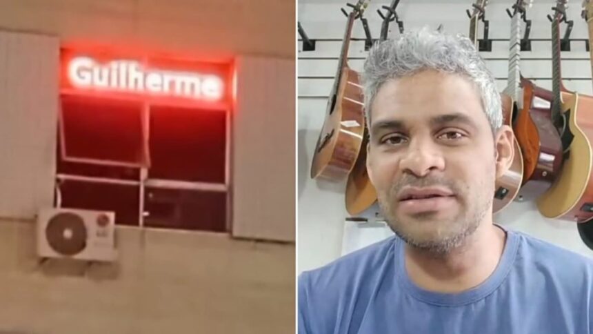 Letreiro luminoso que identificava o luthier Guilherme de Souza Teixeira ficou instalado por cerca de nove anos em uma janela da Avenida Cristiano Machado, em Belo Horizonte | foto: Reprodução/Redes Sociais