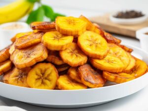 Fatias de banana douradas em um prato branco, com banana e potes de especiarias ao fundo