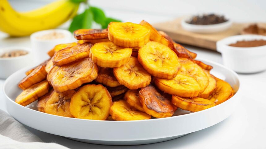 Fatias de banana douradas em um prato branco, com banana e potes de especiarias ao fundo