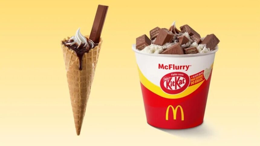 Sobremesas do McDonald's: casquinha McColosso com KitKat e copo McFlurry com KitKat e leite em pó