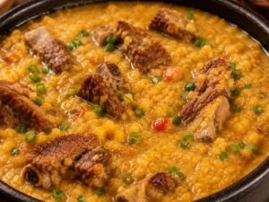 Canjiquinha mineira com costelinha de porco, cheiro-verde e legumes em panela escura