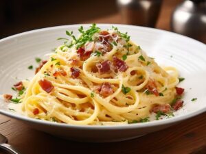 macarrão à carbonara com bacon e queijo