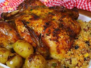 Frango assado inteiro, dourado e brilhante, com batatas e farofa em travessa branca