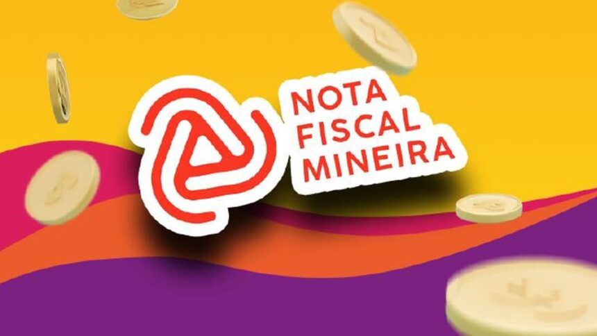 Logo da Nota Fiscal Mineira com texto e moedas douradas caindo sobre um fundo colorido