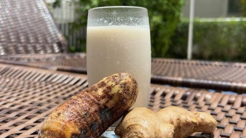 Copo com suco claro, inhame e gengibre sobre textura marrom de vime, ao fundo plantas