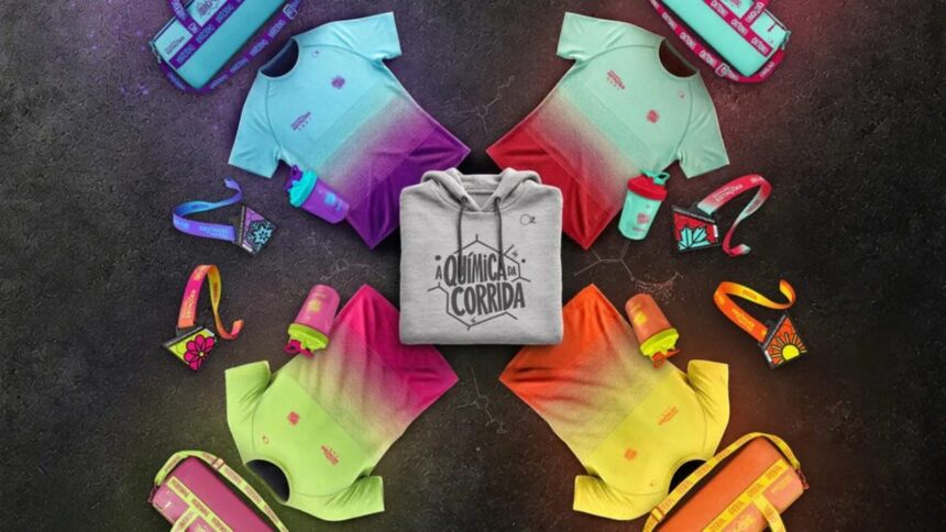 Kit do Circuito das Estações 2027 com hoodie 'A Química da Corrida', camisetas, shakers e medalhas