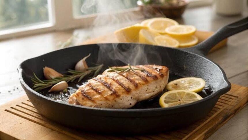 Frango grelhado com alecrim, alho e rodelas de limão em frigideira de ferro fumegante