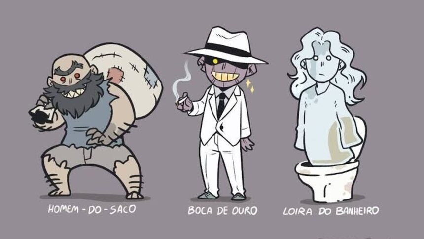 Ilustrações de três lendas urbanas com seus nomes: Homem do Saco, Boca de Ouro, Loira do Banheiro