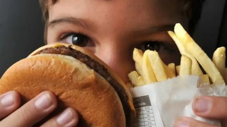 Criança com olhos visíveis segurando hambúrguer e batatas fritas