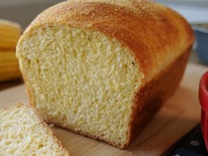 Um pão de milho dourado fatiado em uma tábua de madeira, com espigas de milho ao fundo