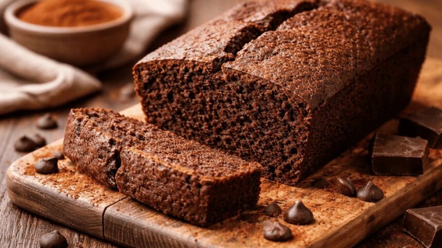 Bolo de chocolate escuro fatiado em tábua de madeira com gotas e pedaços de chocolate