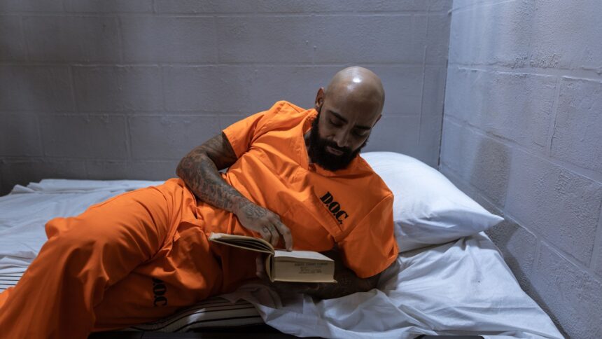 Detento em uniforme laranja D.O.C. com tatuagens lê livro deitado em cela prisional
