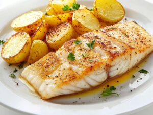 Filé de lubina acompanhado de batatas, uma combinação saborosa para uma refeição leve e equilibrada.